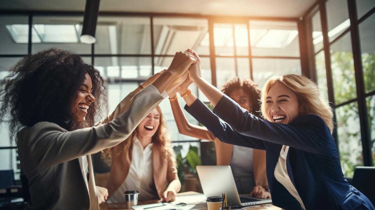 Power Collective Commercial Realty - trusted commercial real estate broker in Indiana - join the movement image - Moment of celebration, with a group of women in a business setting giving each other a high five, all smiling and exuding happiness and a sense of achievement.
